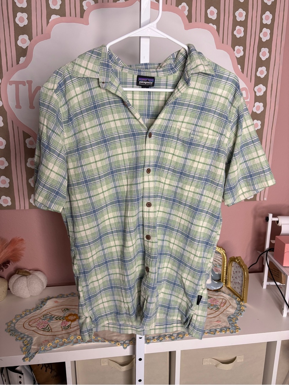 Patagonia Light Green and Blue Plaid Short-Sleeve Button-Up Shirt
